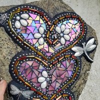 Large Iridescent Pink 3 Heart Mosaic Garden Stone