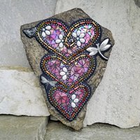 Large Iridescent Pink 3 Heart Mosaic Garden Stone