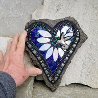 Iridescent  Blue Heart Mosaic Garden Stone