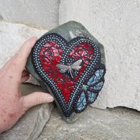 Red Heart w/ Teal Flower Mosaic Garden Stone