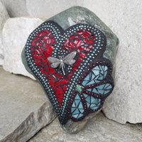 Red Heart w/ Teal Flower Mosaic Garden Stone