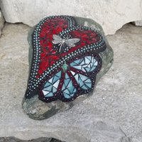 Red Heart w/ Teal Flower Mosaic Garden Stone