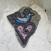 Blue Bird on a Pink Heart, Wall Hanging Mosaic Garden Stone, Porch Decor, Wall Decor