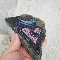 Blue Bird on a Pink Heart, Wall Hanging Mosaic Garden Stone, Porch Decor, Wall Decor