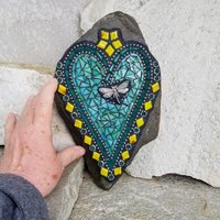 Teal Green Heart Mosaic Garden Stone
