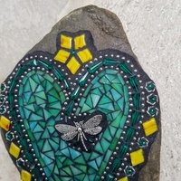 Teal Green Heart Mosaic Garden Stone