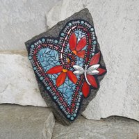 Teal Blue Heart Mosaic Garden Stone