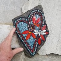 Teal Blue Heart Mosaic Garden Stone