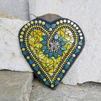 Yellow Mosaic Heart Garden Stone, Mosaic Garden Decor  Wall Hanging