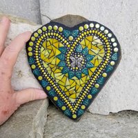 Yellow Mosaic Heart Garden Stone, Mosaic Garden Decor  Wall Hanging