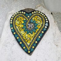 Yellow Mosaic Heart Garden Stone, Mosaic Garden Decor  Wall Hanging