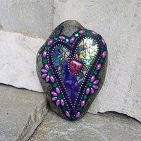Iridescent Purple Mosaic Heart Garden Stone