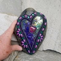 Iridescent Purple Mosaic Heart Garden Stone