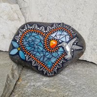 Blue and Orange Angel Wing Heart Mosaic Garden Stone
