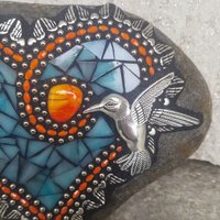 Blue and Orange Angel Wing Heart Mosaic Garden Stone