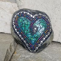 Teal Green Mosaic Heart Garden Stone w/Skulls