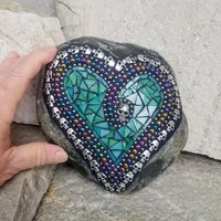 Teal Green Mosaic Heart Garden Stone w/Skulls