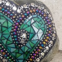 Teal Green Mosaic Heart Garden Stone w/Skulls