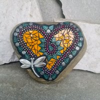 Orange Heart Mosaic Garden Stone, Dragonfly
