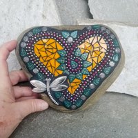 Orange Heart Mosaic Garden Stone, Dragonfly