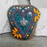 Dark Teal and Orange Heart Mosaic Garden Stone, Fleur-de-lis
