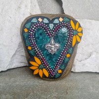 Dark Teal and Orange Heart Mosaic Garden Stone, Fleur-de-lis