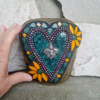 Dark Teal and Orange Heart Mosaic Garden Stone, Fleur-de-lis