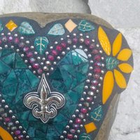 Dark Teal and Orange Heart Mosaic Garden Stone, Fleur-de-lis