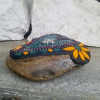 Dark Teal and Orange Heart Mosaic Garden Stone, Fleur-de-lis