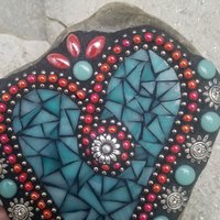 Teal Blue and Red w/Suns Heart Mosaic Garden Stone