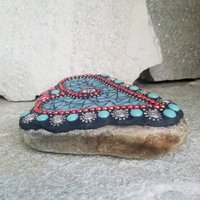 Teal Blue and Red w/Suns Heart Mosaic Garden Stone
