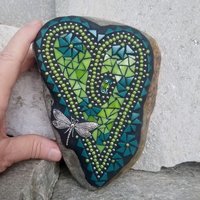 Lime Green and Teal Heart Mosaic Garden Stone