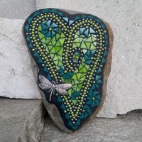 Lime Green and Teal Heart Mosaic Garden Stone