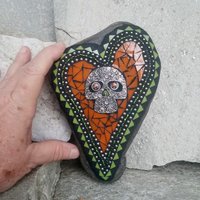 Orange Mosaic Heart Garden Stone w/Skull