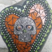 Orange Mosaic Heart Garden Stone w/Skull