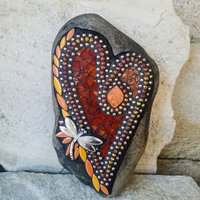 Streaky Brown Mosaic Heart Garden Stone w/ Dragonfly