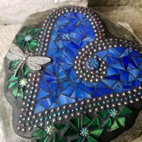Medium Blue Mosaic Heart Garden Stone w/Dragonfly