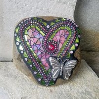 Iridescent Pink Mosaic Heart Garden Stone w/Butterfly