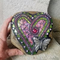 Iridescent Pink Mosaic Heart Garden Stone w/Butterfly