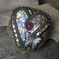 Iridescent Pink Mosaic Heart Garden Stone w/Butterfly
