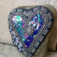 Iridescent Blue Mosaic Heart Garden Stone 