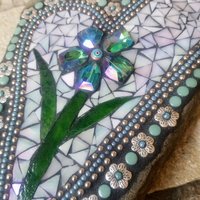 Iridescent White Mosaic Heart Garden Stone w/Large Flower and Dragonfly