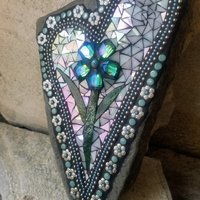 Iridescent White Mosaic Heart Garden Stone w/Large Flower and Dragonfly
