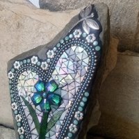 Iridescent White Mosaic Heart Garden Stone w/Large Flower and Dragonfly