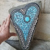 Iridescent Ocean Blue Mosaic Heart Garden Stone w/Large Flower and Dragonfly