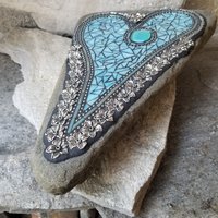 Iridescent Ocean Blue Mosaic Heart Garden Stone w/Large Flower and Dragonfly