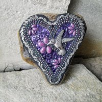 Mirrored Purple Angel Wing Heart  Mosaic Garden Stone w/Humminbird
