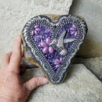 Mirrored Purple Angel Wing Heart  Mosaic Garden Stone w/Humminbird