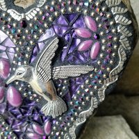 Mirrored Purple Angel Wing Heart  Mosaic Garden Stone w/Humminbird