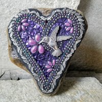 Mirrored Purple Angel Wing Heart  Mosaic Garden Stone w/Humminbird